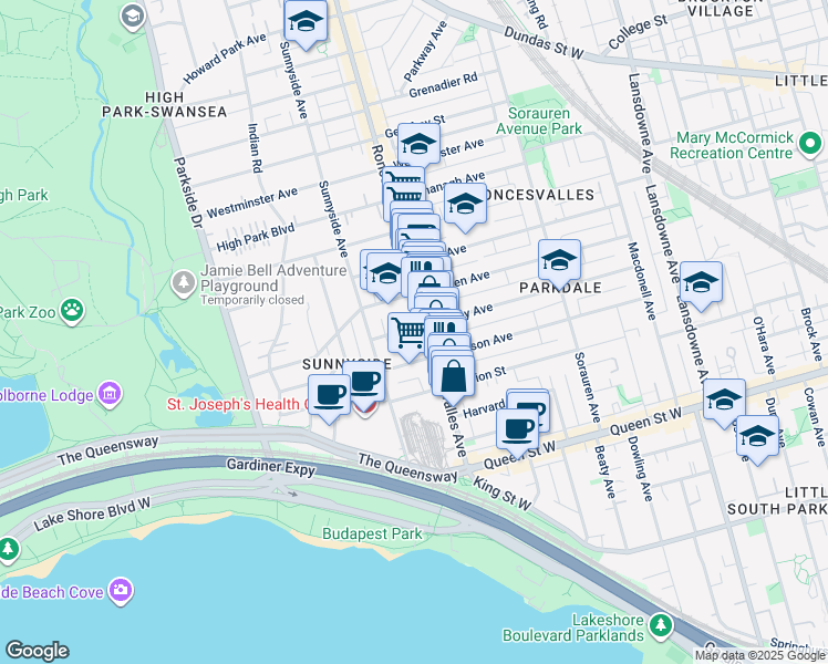 map of restaurants, bars, coffee shops, grocery stores, and more near in Toronto