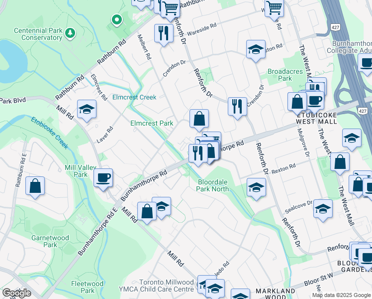 map of restaurants, bars, coffee shops, grocery stores, and more near in Toronto
