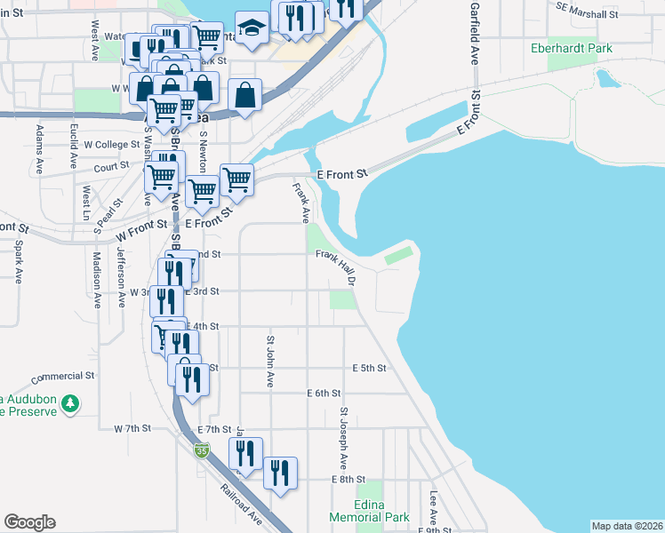 map of restaurants, bars, coffee shops, grocery stores, and more near 406 Frank Hall Drive in Albert Lea