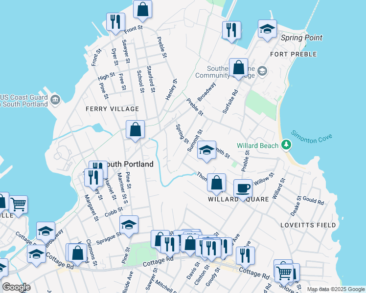 map of restaurants, bars, coffee shops, grocery stores, and more near 74 Grand Street in South Portland