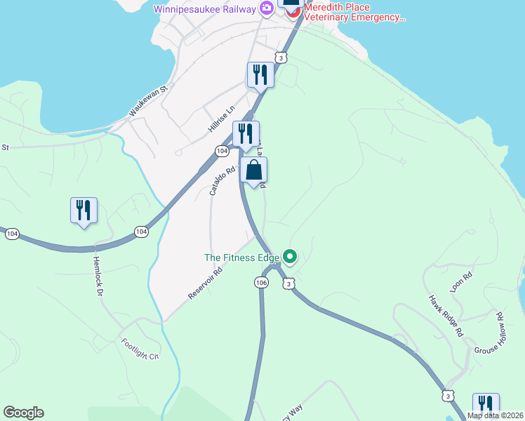 map of restaurants, bars, coffee shops, grocery stores, and more near 35 Upper Ladd Hill Road in Meredith