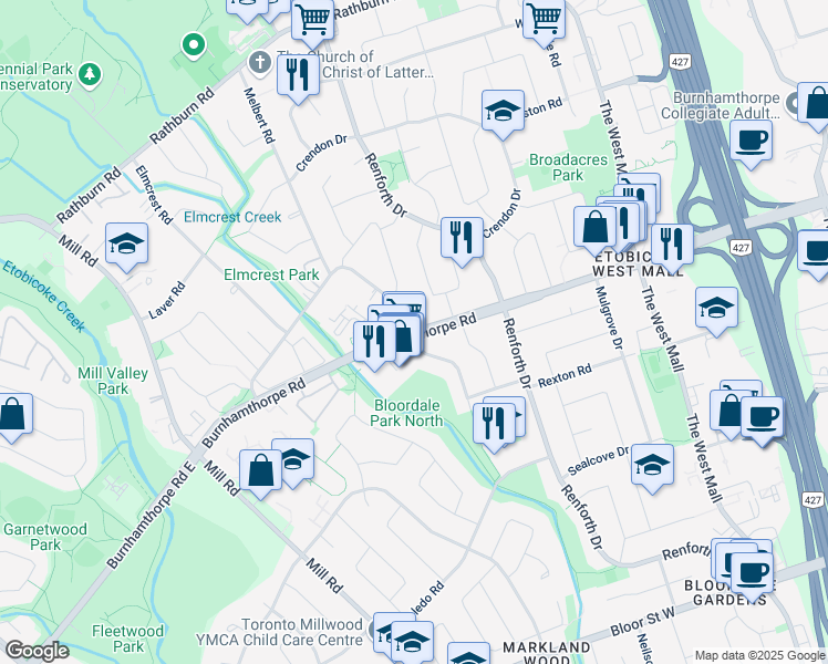 map of restaurants, bars, coffee shops, grocery stores, and more near Burnhamthorpe Rd & Saturn Rd in Toronto