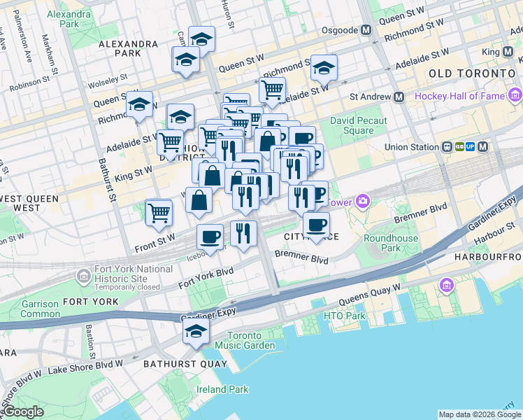 map of restaurants, bars, coffee shops, grocery stores, and more near 397 Front Street West in Toronto
