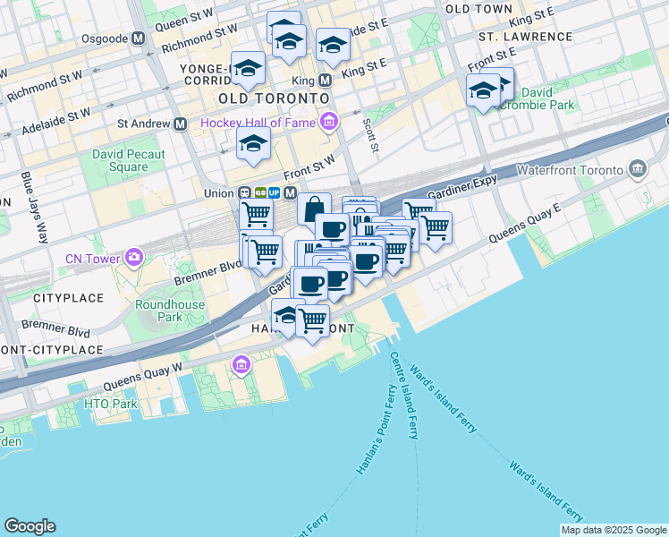 map of restaurants, bars, coffee shops, grocery stores, and more near 35 Bay Street in Toronto