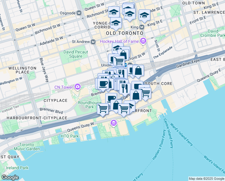 map of restaurants, bars, coffee shops, grocery stores, and more near in Toronto