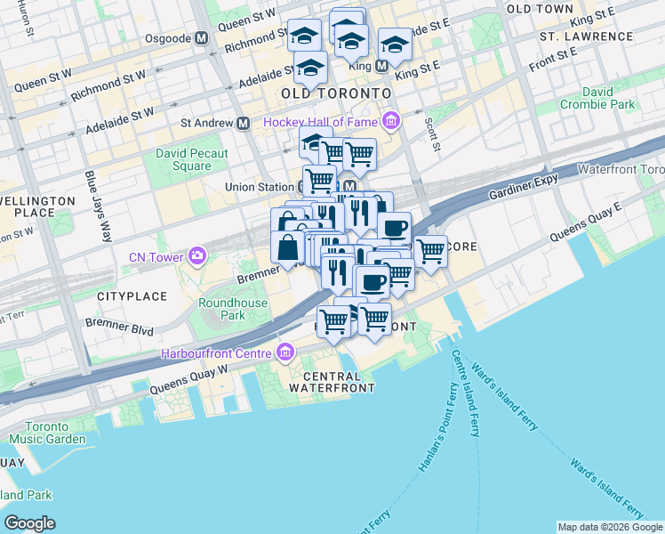 map of restaurants, bars, coffee shops, grocery stores, and more near 65 Bremner Boulevard in Toronto