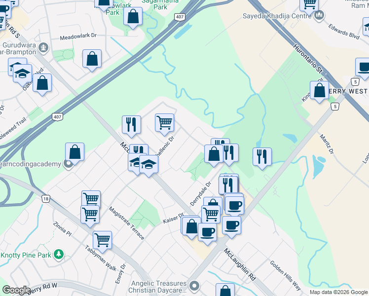 map of restaurants, bars, coffee shops, grocery stores, and more near 443 Comiskey Crescent in Mississauga