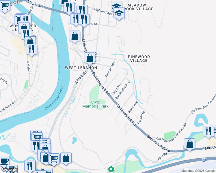 map of restaurants, bars, coffee shops, grocery stores, and more near 20 Seminary Hill in Lebanon