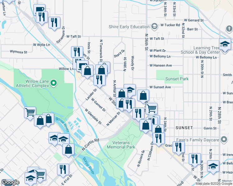 map of restaurants, bars, coffee shops, grocery stores, and more near 2426 North Arthur Street in Boise