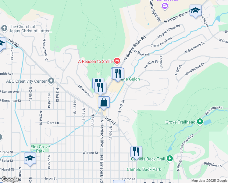 map of restaurants, bars, coffee shops, grocery stores, and more near 2518 North Bogus Basin Road in Boise