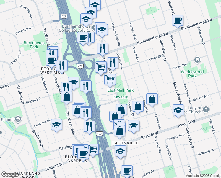 map of restaurants, bars, coffee shops, grocery stores, and more near 362 The East Mall in Toronto