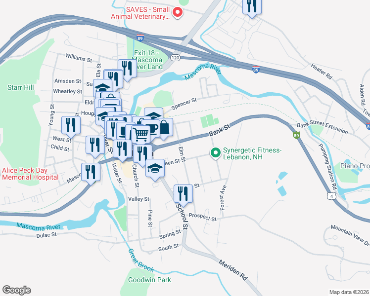 map of restaurants, bars, coffee shops, grocery stores, and more near 19 Elm Street in Lebanon