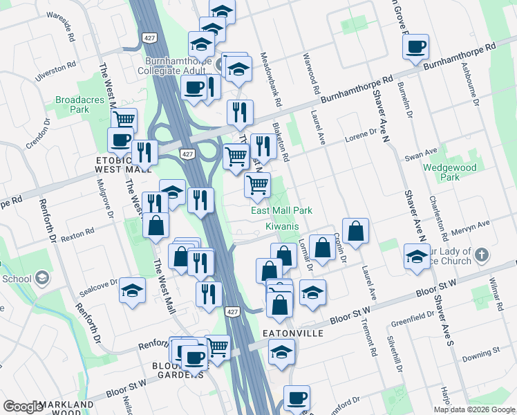 map of restaurants, bars, coffee shops, grocery stores, and more near 362 The East Mall in Toronto
