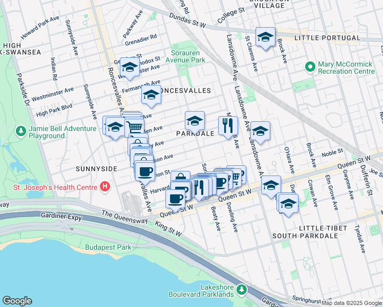 map of restaurants, bars, coffee shops, grocery stores, and more near 73 Pearson Avenue in Toronto