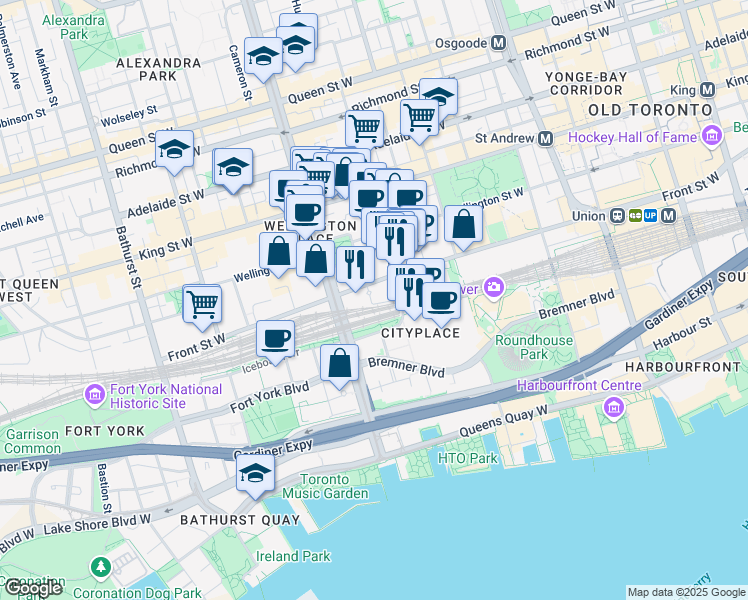 map of restaurants, bars, coffee shops, grocery stores, and more near 373 Front Street West in Toronto