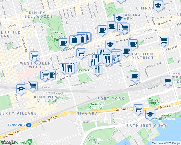 map of restaurants, bars, coffee shops, grocery stores, and more near 833 King Street West in Toronto