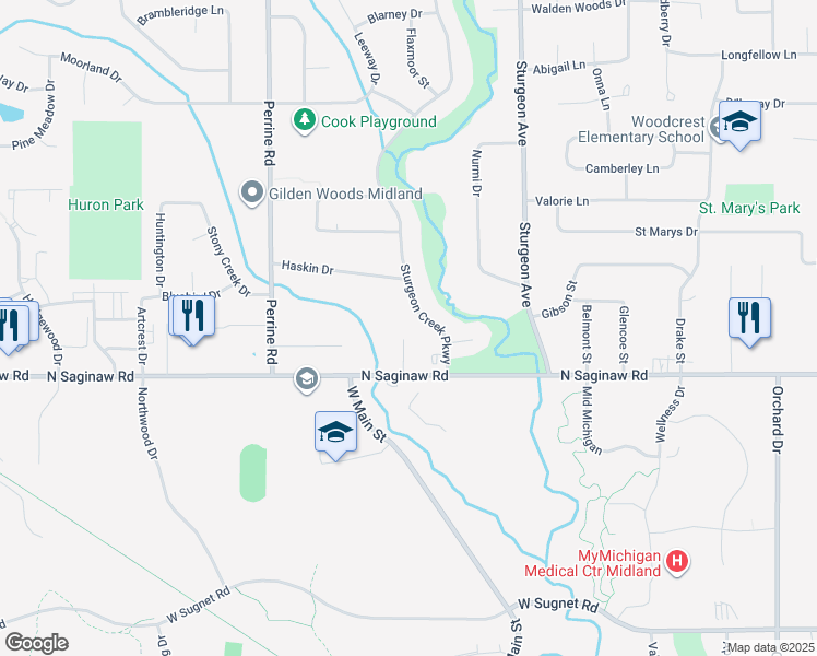 map of restaurants, bars, coffee shops, grocery stores, and more near 3628 North Saginaw Road in Midland