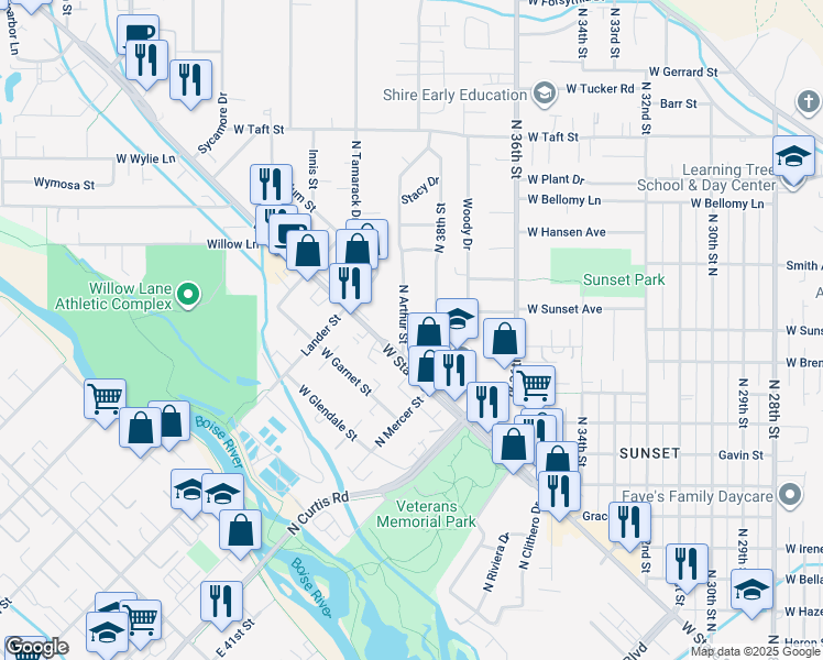 map of restaurants, bars, coffee shops, grocery stores, and more near 2426 North Arthur Street in Boise