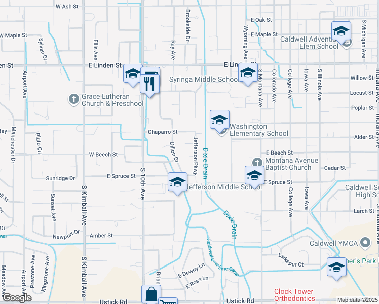 map of restaurants, bars, coffee shops, grocery stores, and more near 715 Kimberly Court in Caldwell
