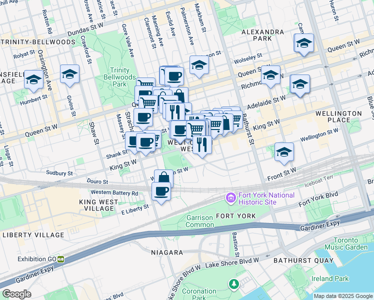 map of restaurants, bars, coffee shops, grocery stores, and more near 833 King Street West in Toronto