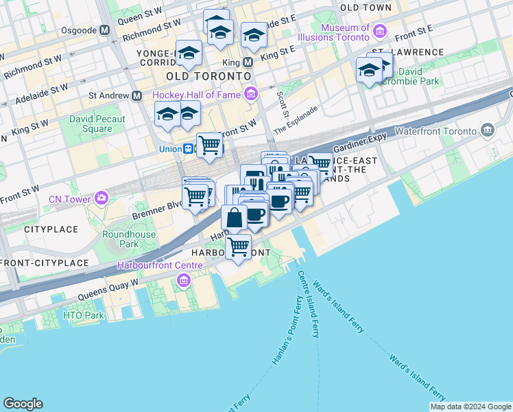 map of restaurants, bars, coffee shops, grocery stores, and more near in Toronto