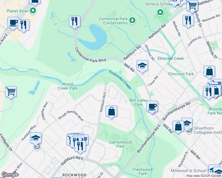 map of restaurants, bars, coffee shops, grocery stores, and more near 2120 Rathburn Road East in Mississauga