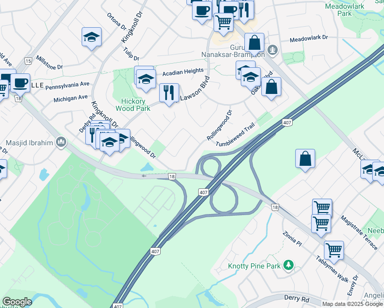 map of restaurants, bars, coffee shops, grocery stores, and more near Rollingwood Drive in Brampton