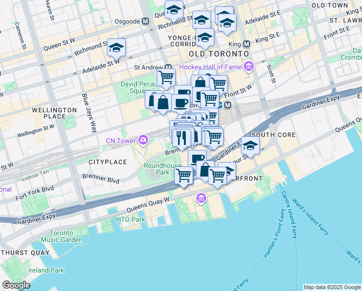 map of restaurants, bars, coffee shops, grocery stores, and more near 120 Bremner Boulevard in Toronto