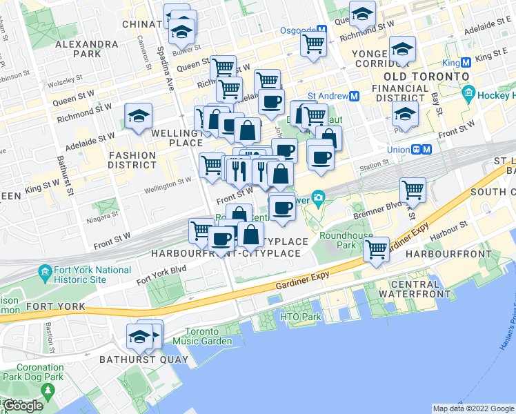 map of restaurants, bars, coffee shops, grocery stores, and more near 579 Blue Jays Way in Toronto