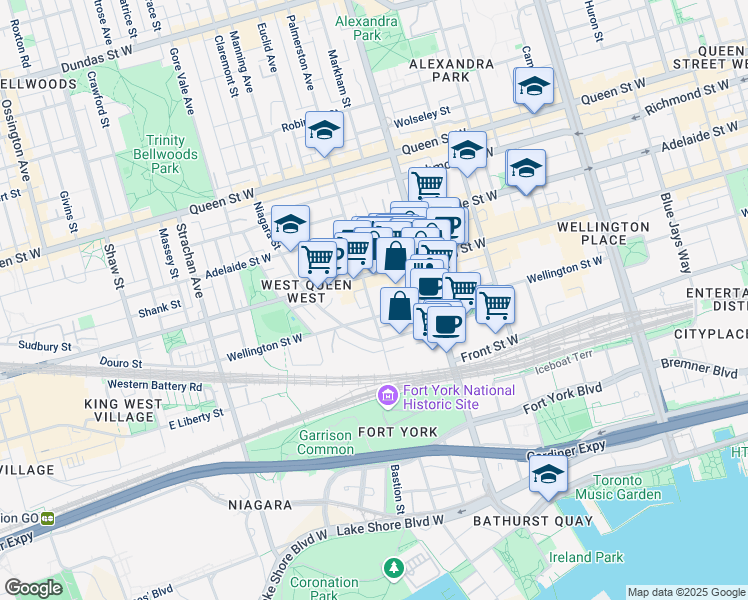 map of restaurants, bars, coffee shops, grocery stores, and more near in Toronto