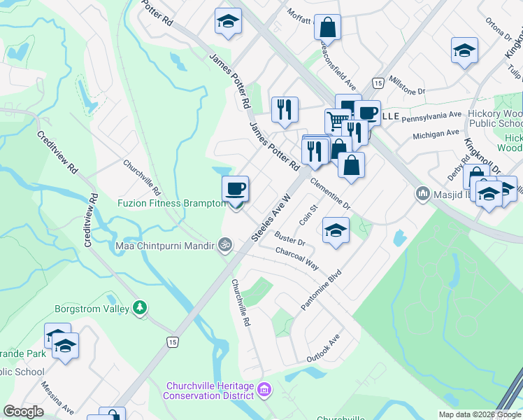 map of restaurants, bars, coffee shops, grocery stores, and more near 66 Royal Vista Road in Brampton