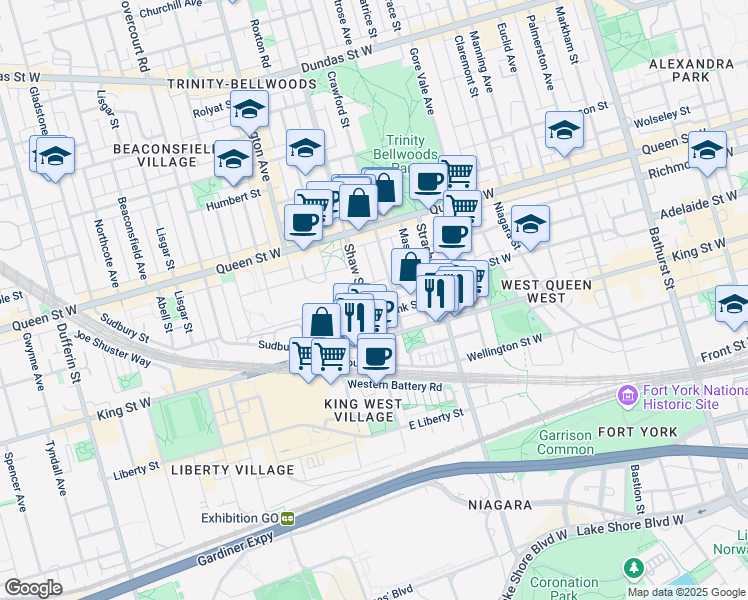map of restaurants, bars, coffee shops, grocery stores, and more near 917 D Adelaide Street West in Toronto