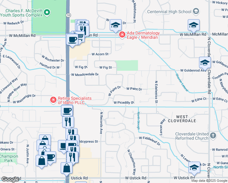 map of restaurants, bars, coffee shops, grocery stores, and more near 13248 West Scotfield Street in Boise