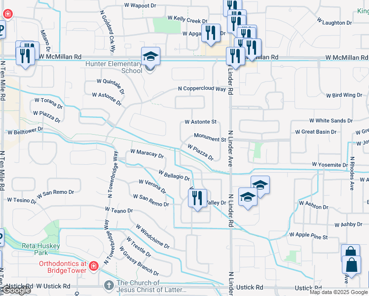 map of restaurants, bars, coffee shops, grocery stores, and more near 1921 West Piazza Drive in Meridian
