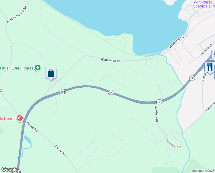 map of restaurants, bars, coffee shops, grocery stores, and more near 23 Birch Hill Road in Meredith