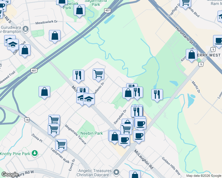 map of restaurants, bars, coffee shops, grocery stores, and more near 425 Comiskey Crescent in Mississauga