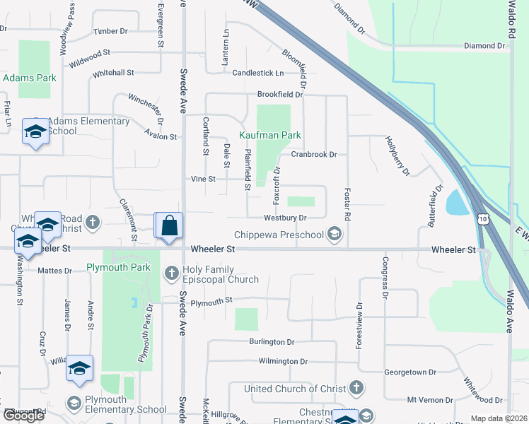 map of restaurants, bars, coffee shops, grocery stores, and more near 2019 Westbury Drive in Midland