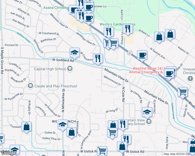 map of restaurants, bars, coffee shops, grocery stores, and more near 7750 Pinewood Circle in Boise
