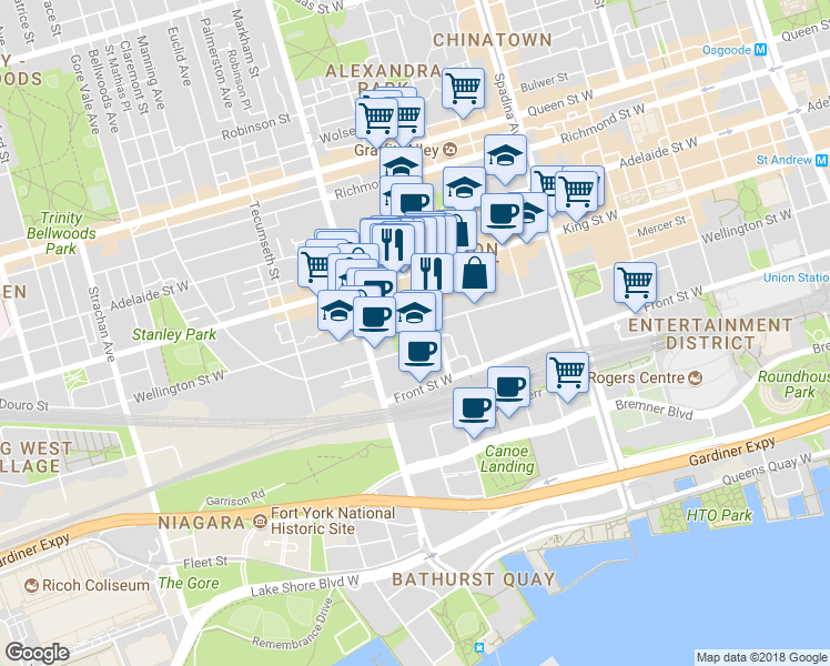 map of restaurants, bars, coffee shops, grocery stores, and more near 10 Niagara Street in Toronto