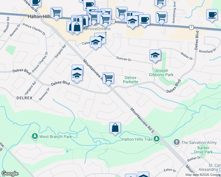 map of restaurants, bars, coffee shops, grocery stores, and more near 135 Mountainview Road South in Halton Hills