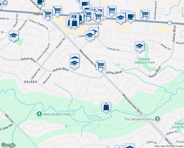 map of restaurants, bars, coffee shops, grocery stores, and more near in Halton Hills