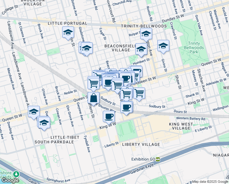 map of restaurants, bars, coffee shops, grocery stores, and more near 1153 Queen Street West in Toronto