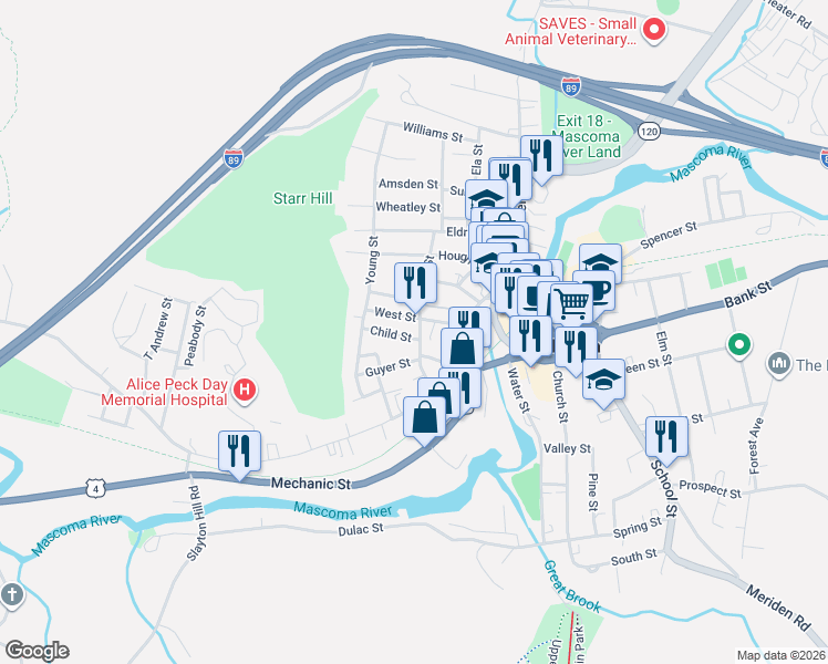 map of restaurants, bars, coffee shops, grocery stores, and more near 5 Child Street in Lebanon