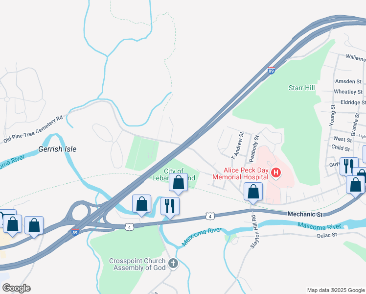 map of restaurants, bars, coffee shops, grocery stores, and more near 220 Mascoma Street in Lebanon