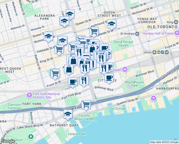 map of restaurants, bars, coffee shops, grocery stores, and more near in Toronto