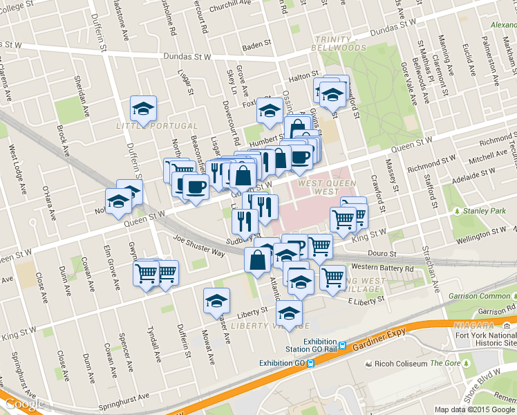 map of restaurants, bars, coffee shops, grocery stores, and more near in Toronto