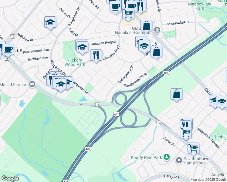 map of restaurants, bars, coffee shops, grocery stores, and more near 62 Rollingwood Drive in Brampton