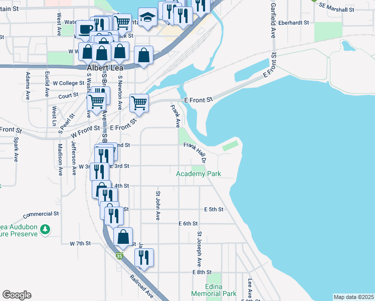 map of restaurants, bars, coffee shops, grocery stores, and more near 406 Frank Hall Drive in Albert Lea