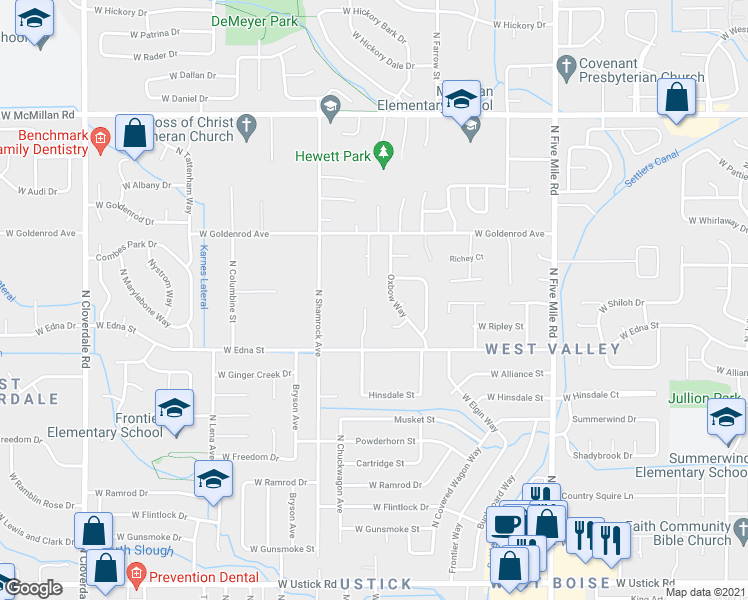 map of restaurants, bars, coffee shops, grocery stores, and more near 4176 North Pennfield Place in Boise