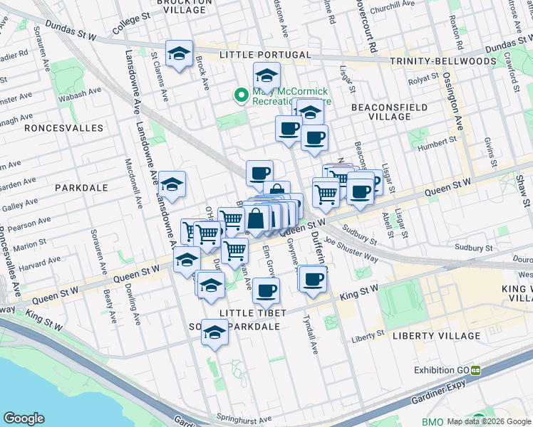 map of restaurants, bars, coffee shops, grocery stores, and more near 34 Noble Street in Toronto